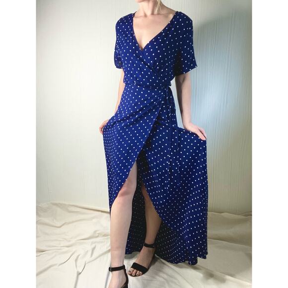 AUGUSTE THE LABEL "Lilly" Navy Blue Polka Dot Maxi Wrap Dress US 4 - Picture 2 of 13